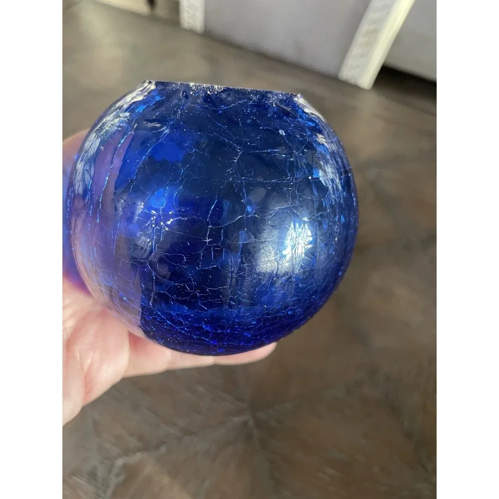 Vintage Cobalt Blue Crackle Glass Rose Bowl on Brass Tripod‎ Base Stand 7